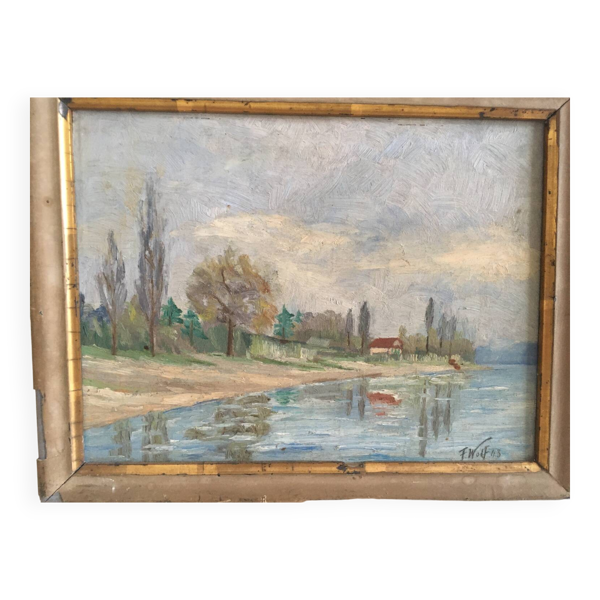 Tableau ancien Bord de rivière .