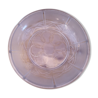 Low round salad bowl made of transparent glass and opaque decoration small glass balls