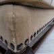 1960s, Danish 3-seater sofa, beige/brown furniture fabric, carved oak wood.