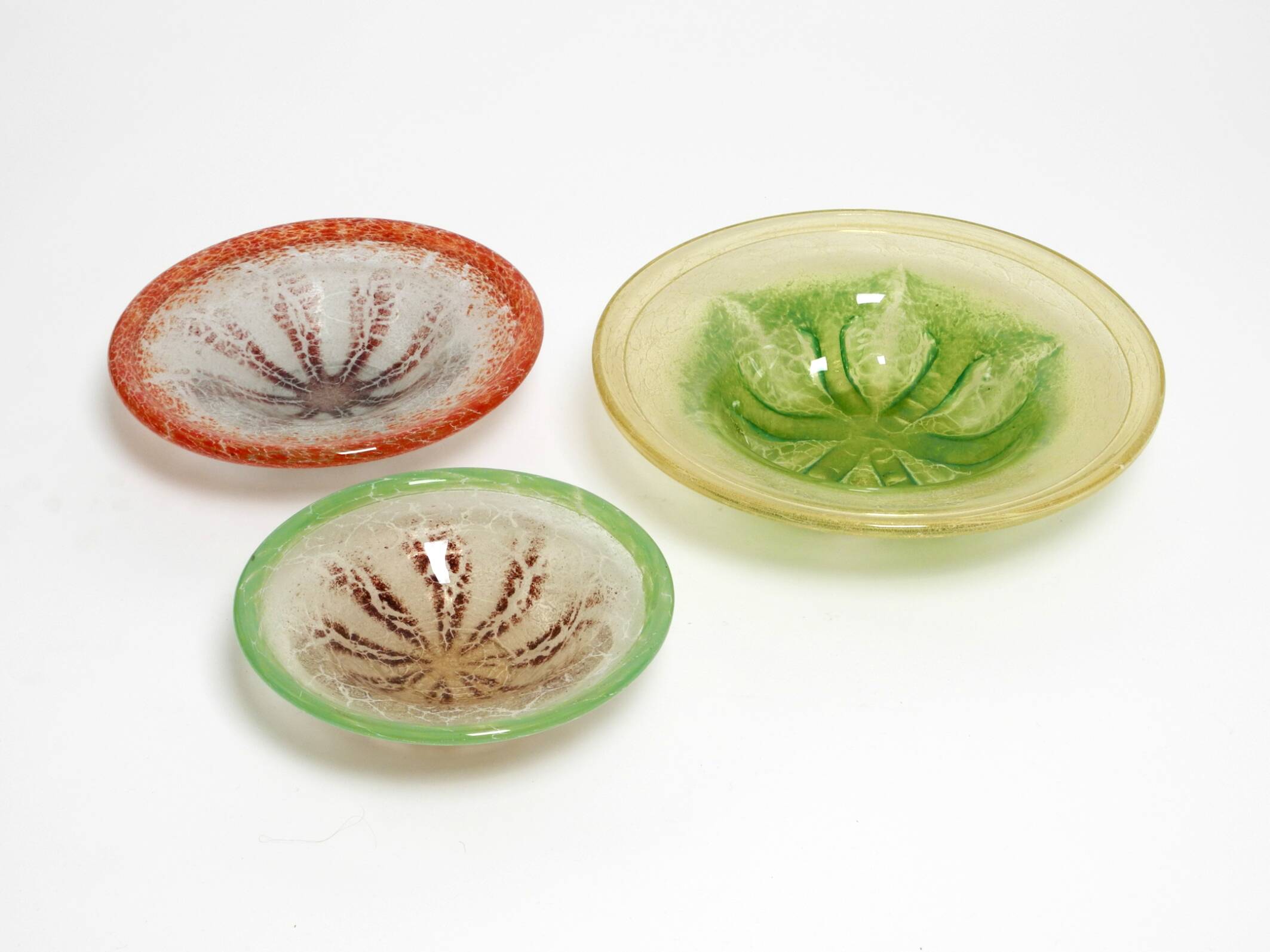 Three large colored 1930s glass bowls by Karl Wiedmann for WMF Ikora