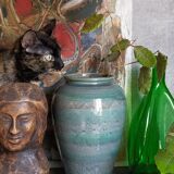 Oblong ceramic vase sacrificed with blue enamel