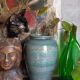 Oblong ceramic vase sacrificed with blue enamel