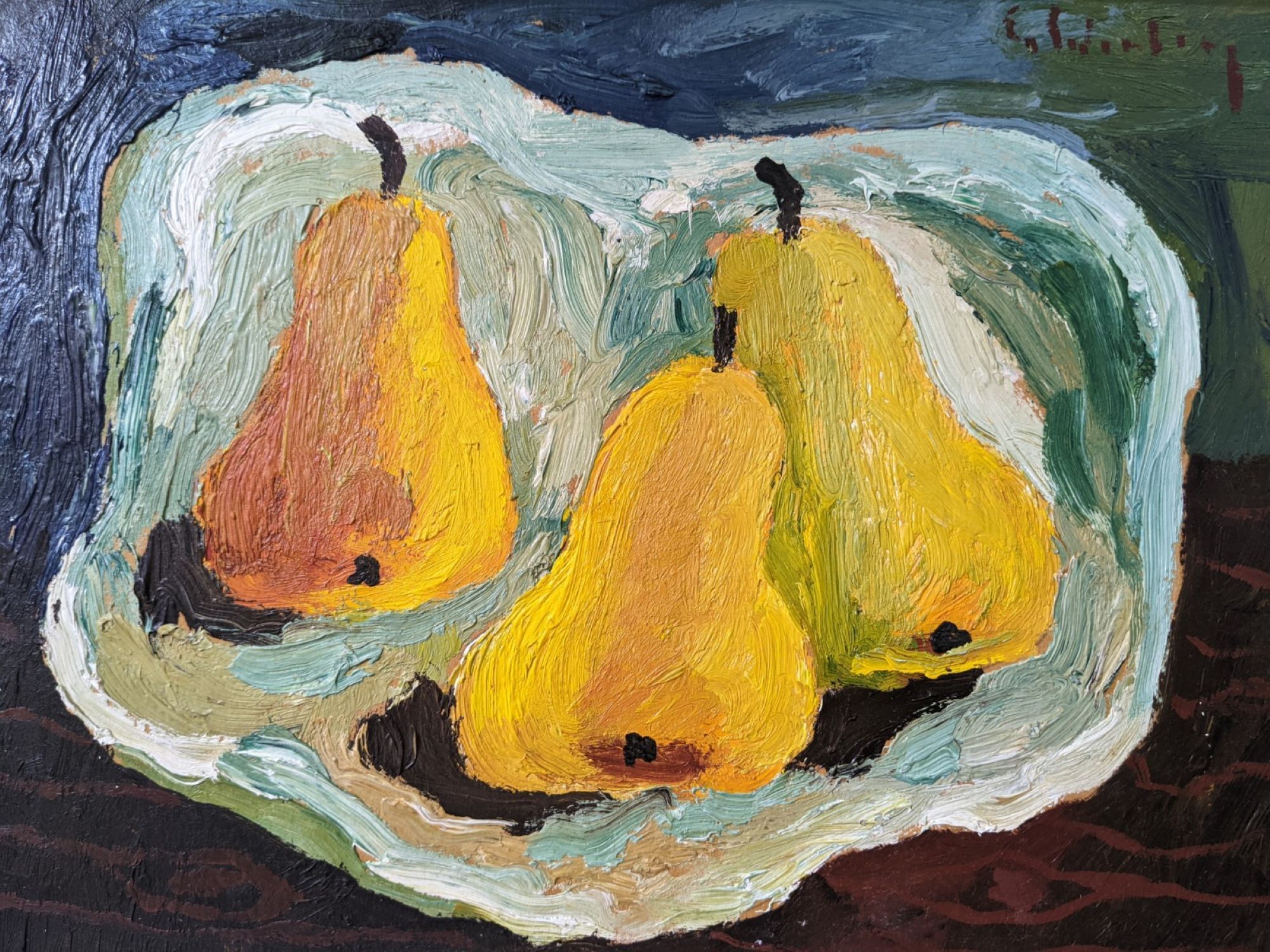 Mid-Century Modern Swedish "Luminous Pears" by Eric Cederberg, Framed Still Life Oil Painting