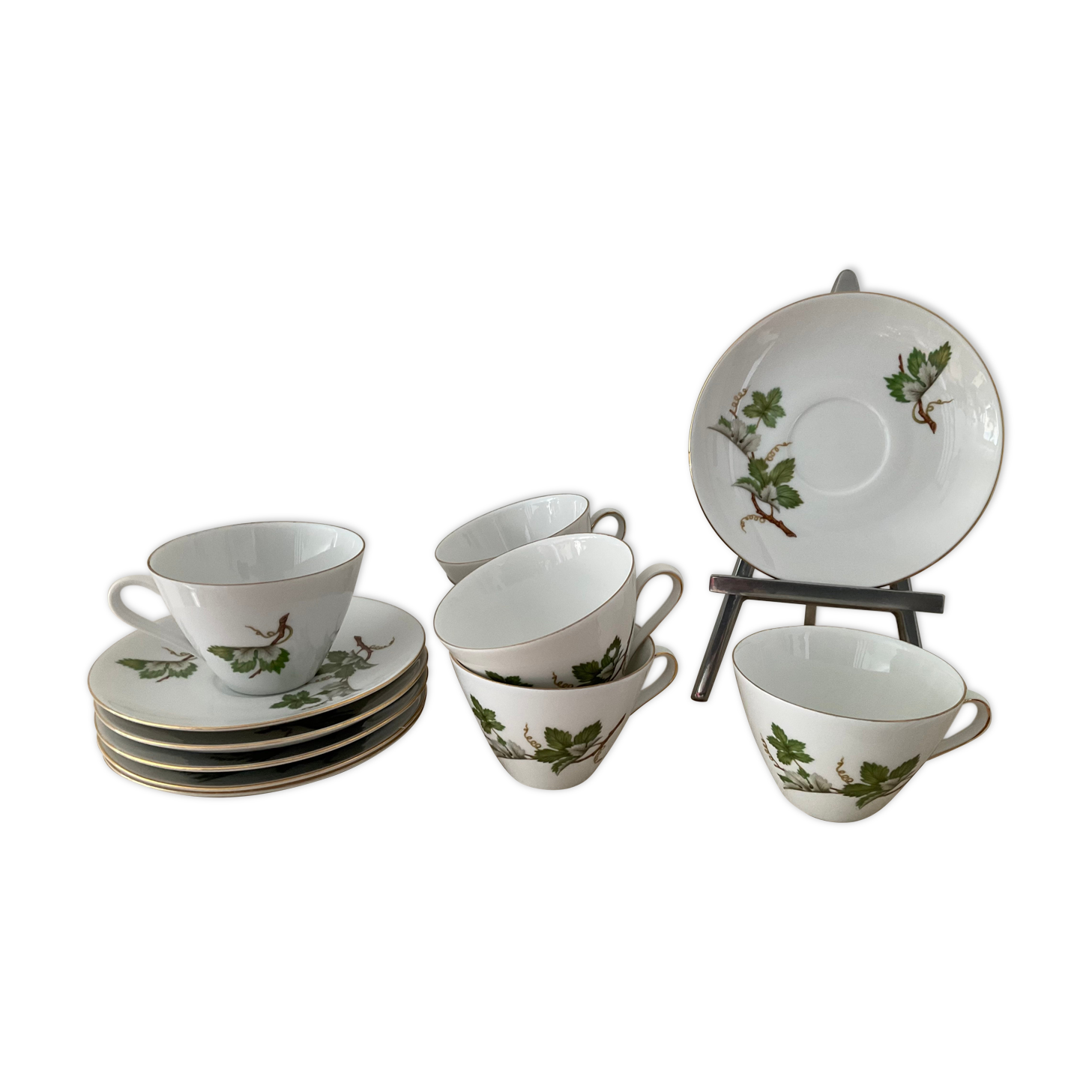 Vintage porcelain herbarium service 6 cups with plates