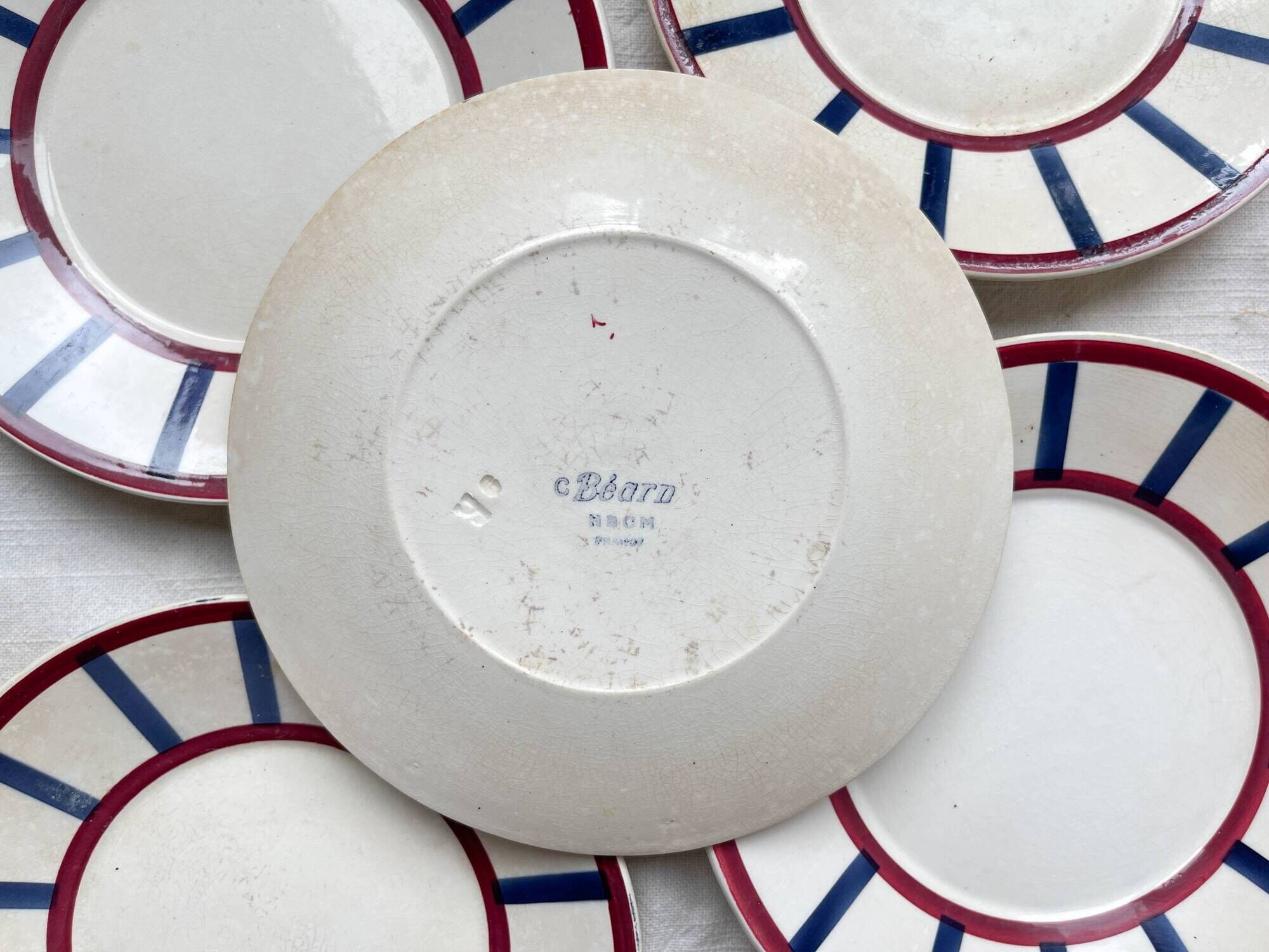 5 Small Vintage French Plates Terre de Fer HBCM Béarn blue and red stripes