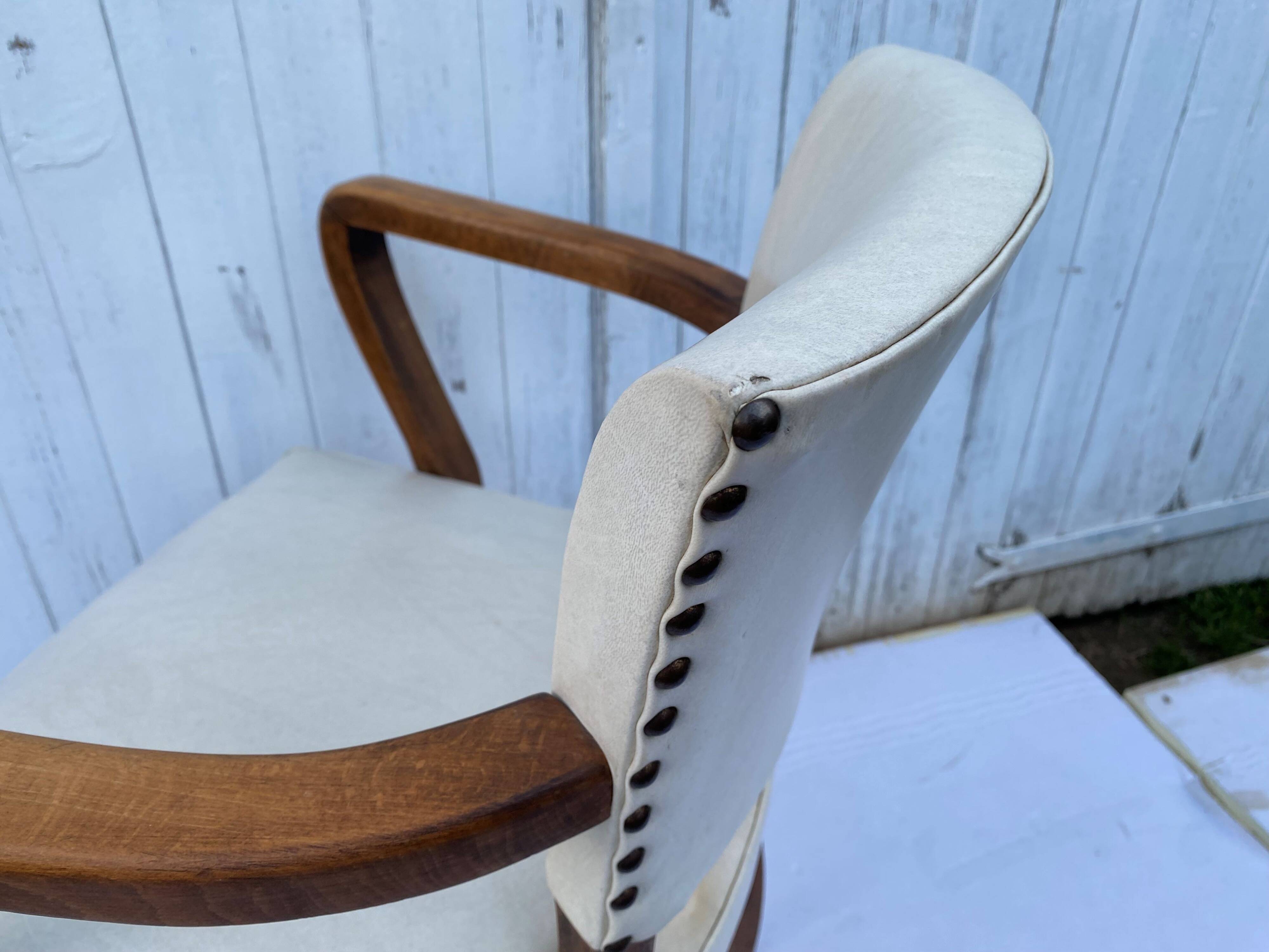 Art deco bridge armchair skai ivory white and solid wood 1930s