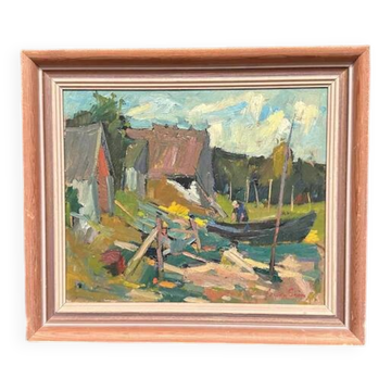 Huile sur panneau d'origine suédoise – "Vid Knabäck, Skåne" par Carl-Axel Schwieler – Signé – Vintage et encadré – 59 × 50 cm (23,2" × 19,7")