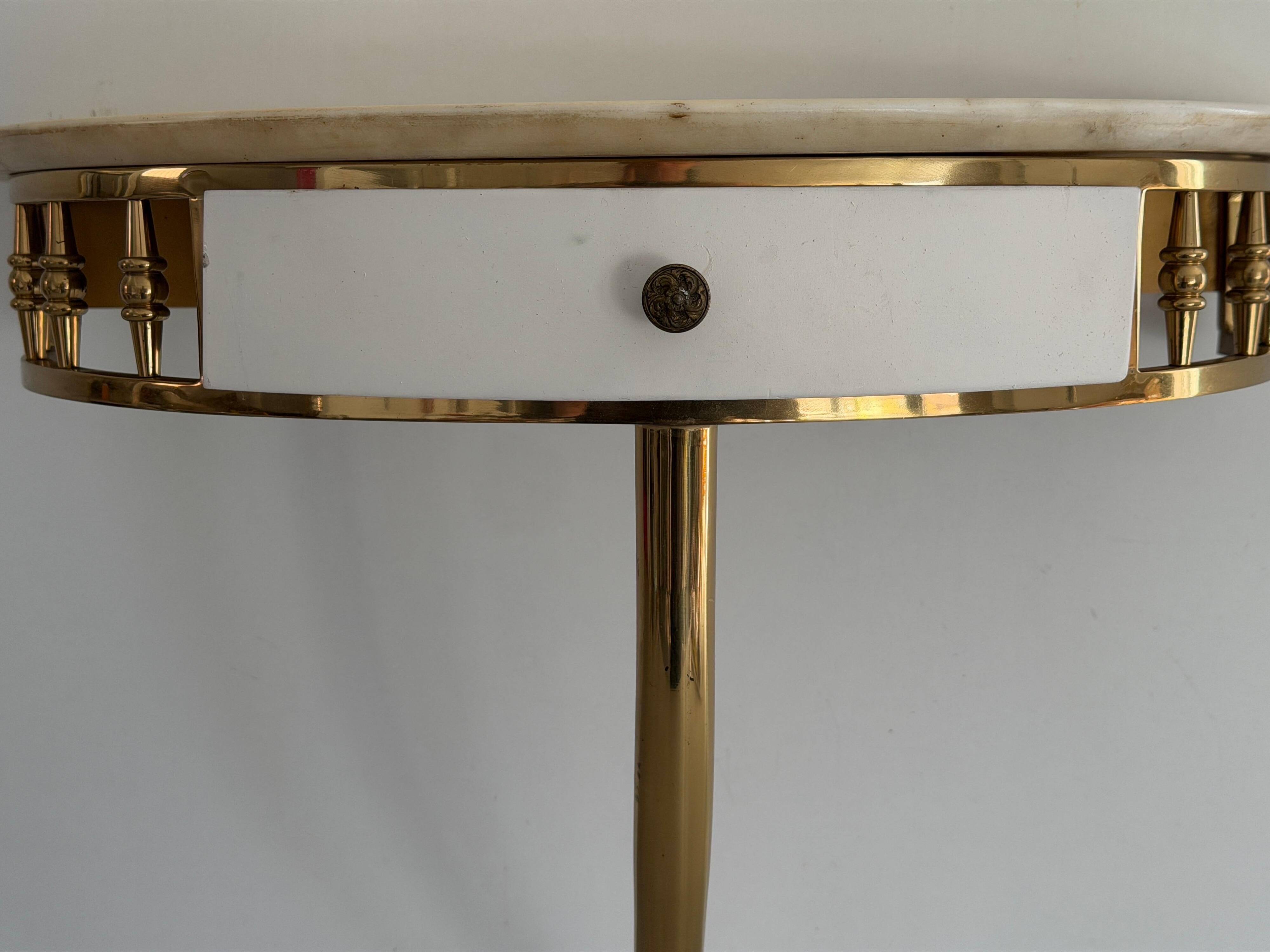 Floating wall console with drawer, brass body and marble top, 1960s, Italy