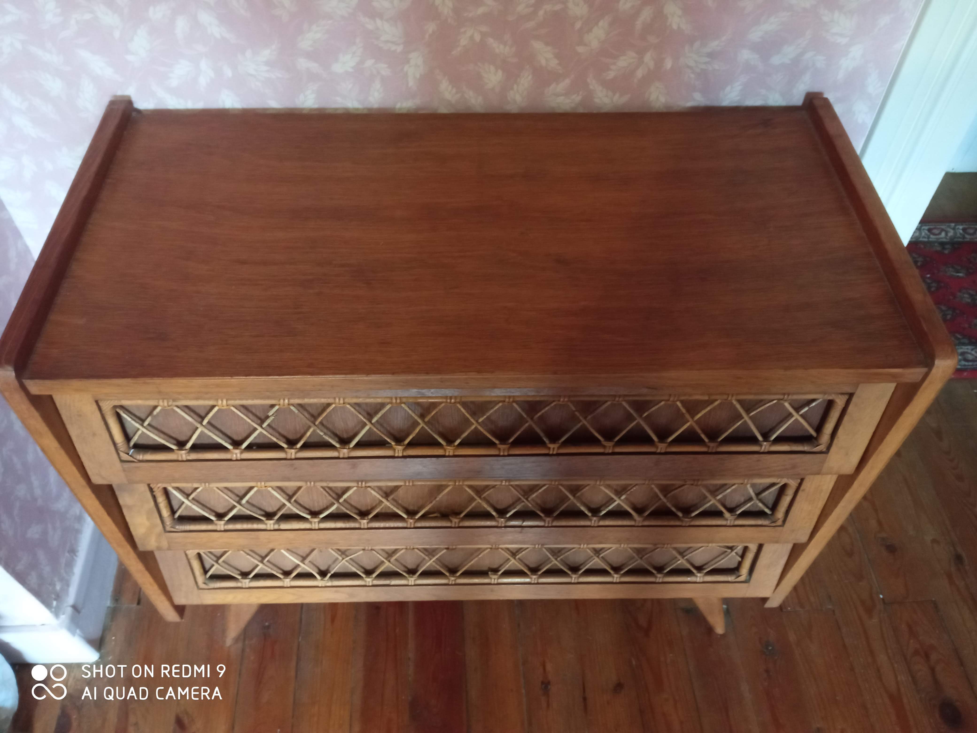 Dresser in blond wood and rattan 50s