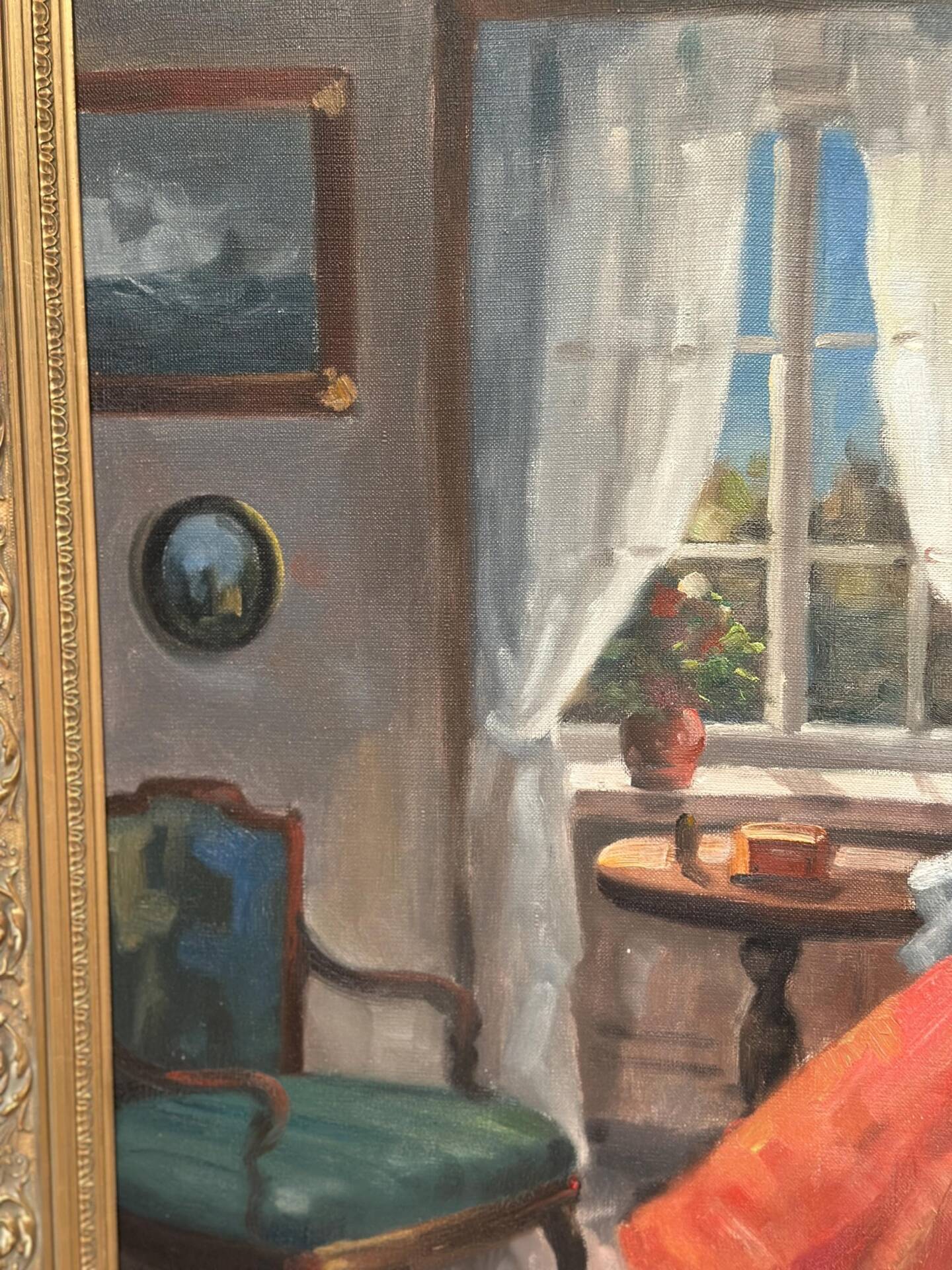 Scandinavian Oil on Canvas – Interior Scene by Bente Berg – Vintage