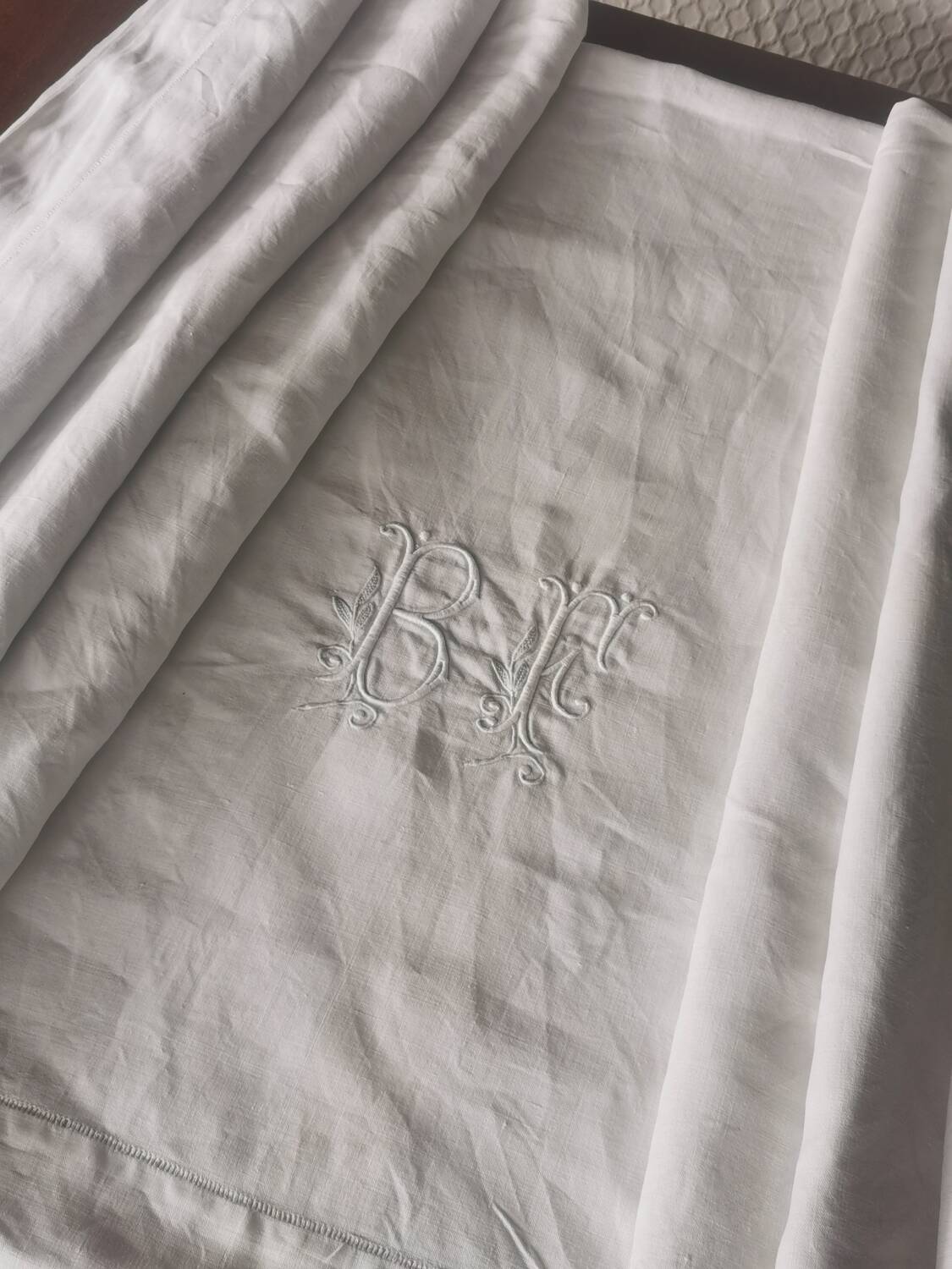Old very large linen sheet monogrammed BF