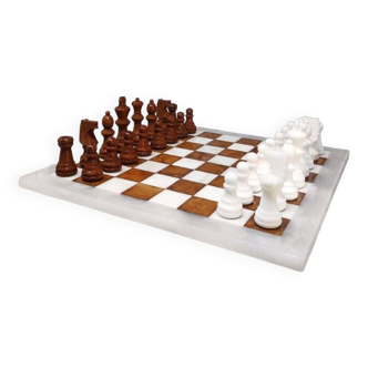 1970s Brown and White Chess Set in Volterra Alabaster Handmade Made in Italy