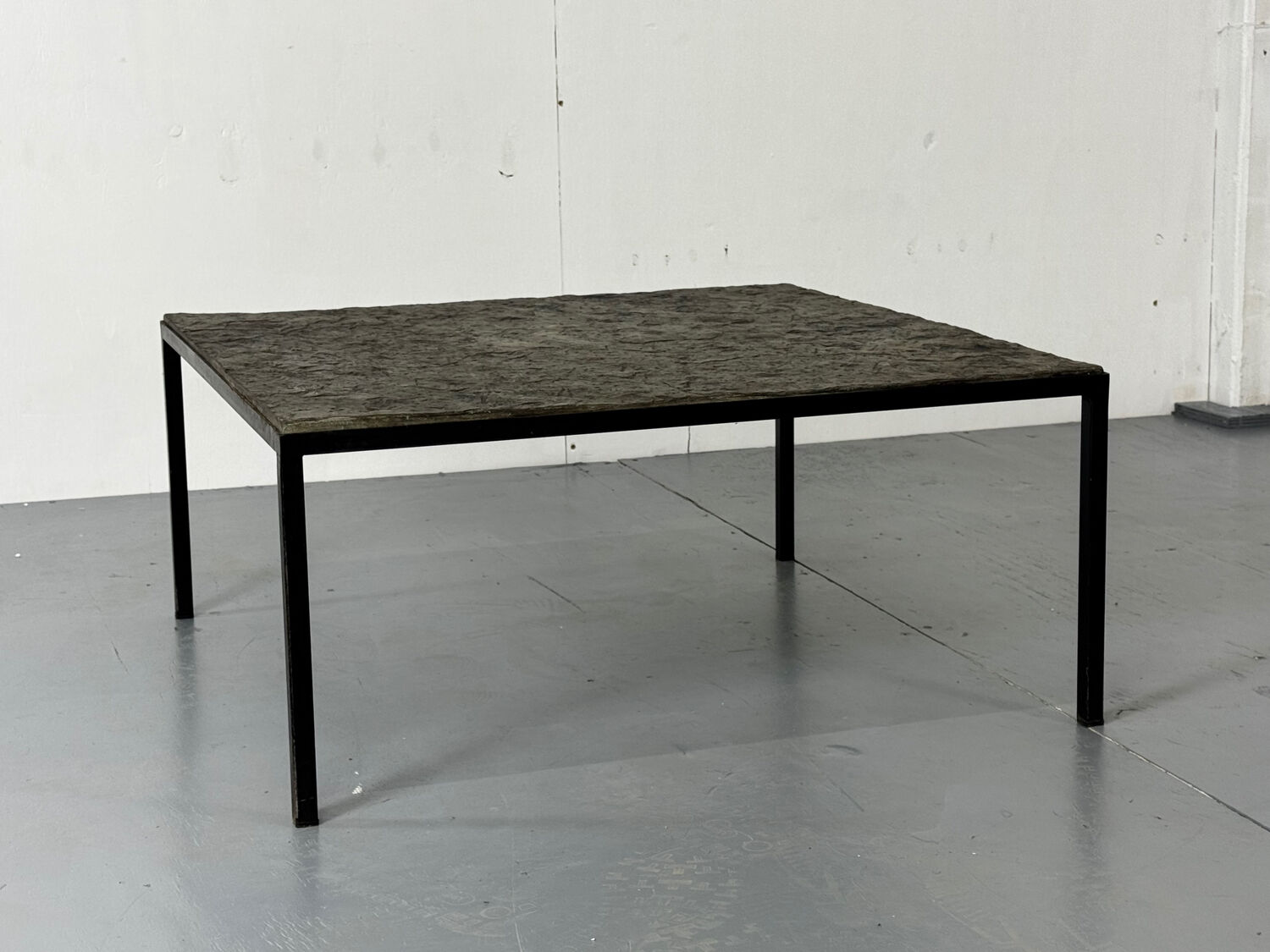 Mid Century minimalistic modernist slate and steel coffee table, 1950s
