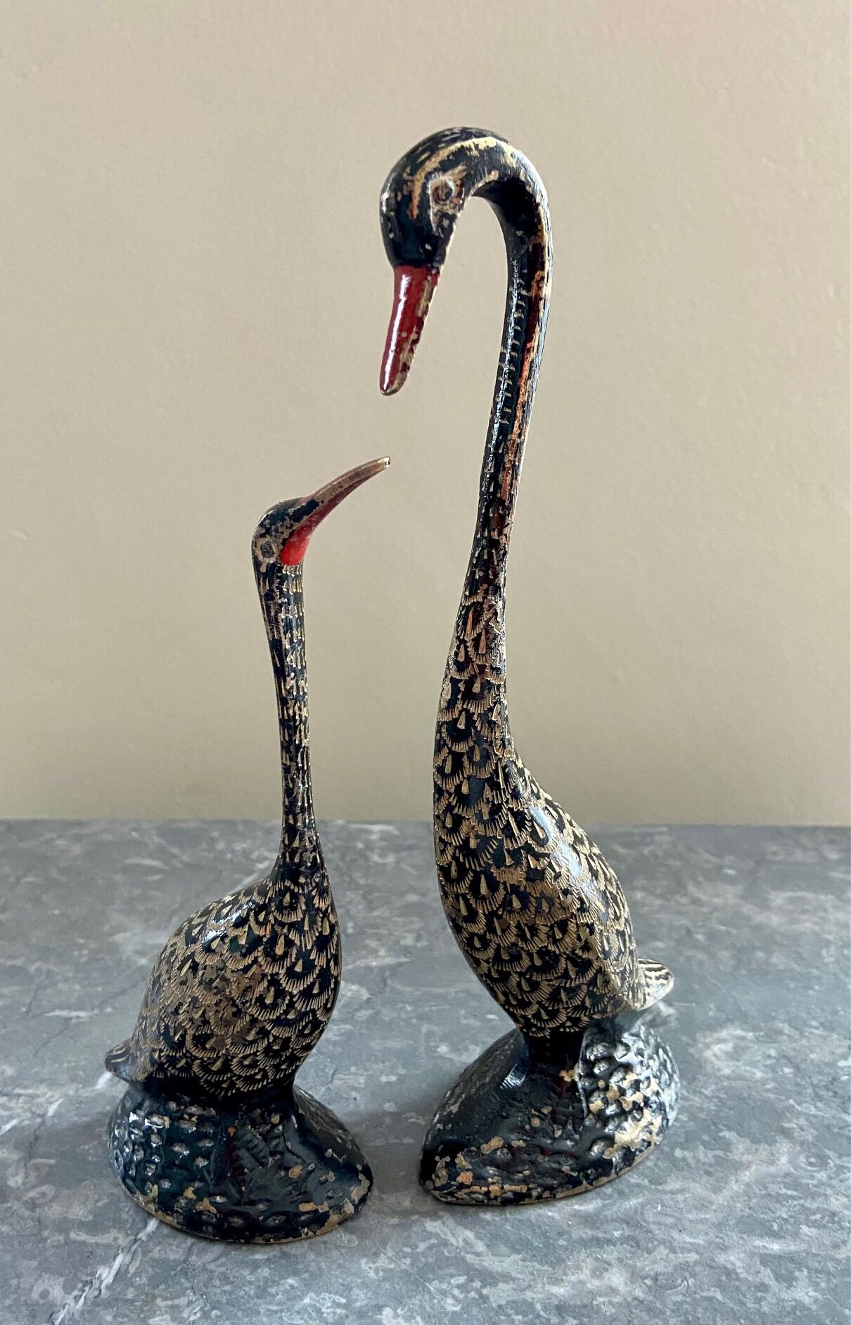 Pair ancient brass birds