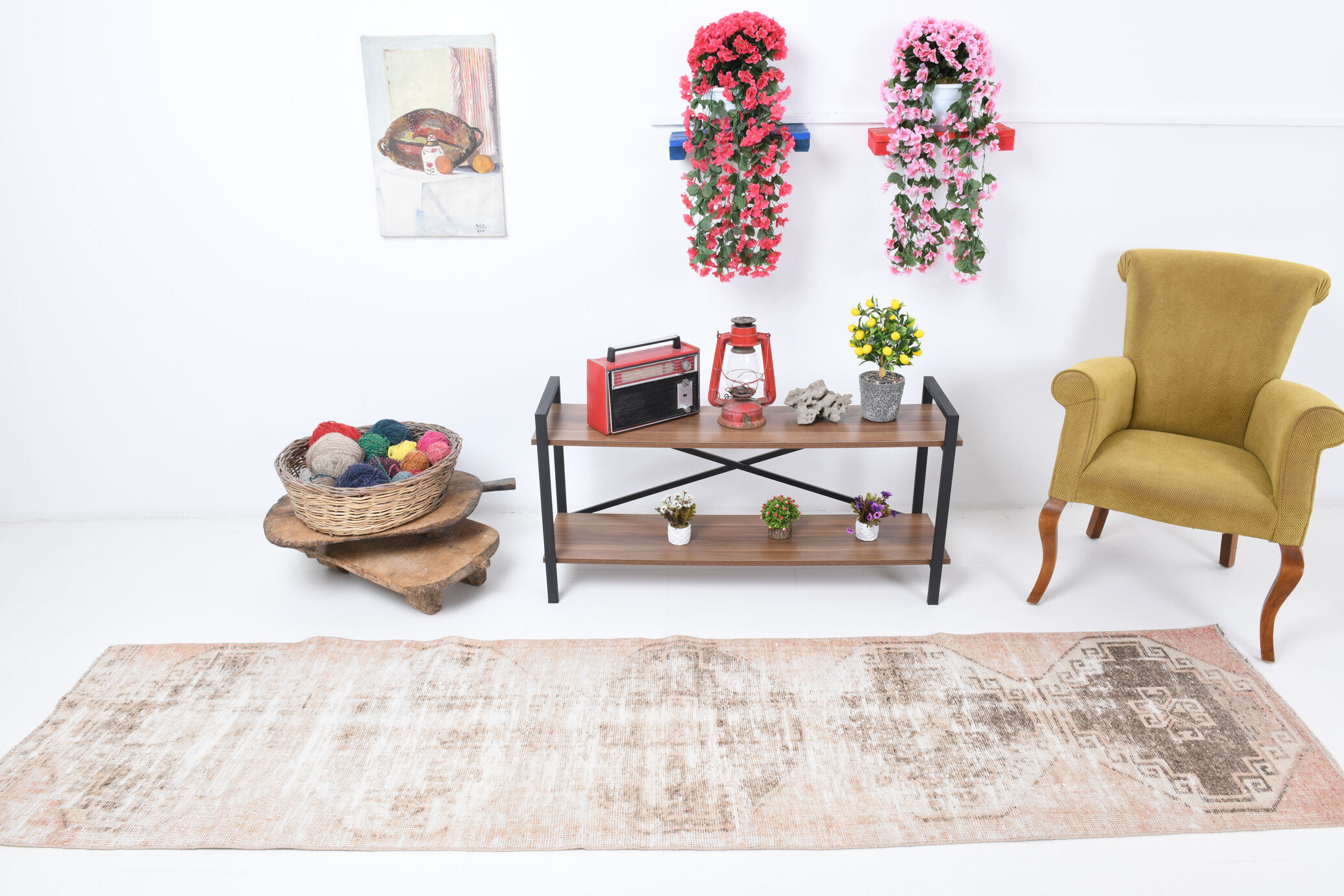 Distressed wool vintage runner rug 312x76cm