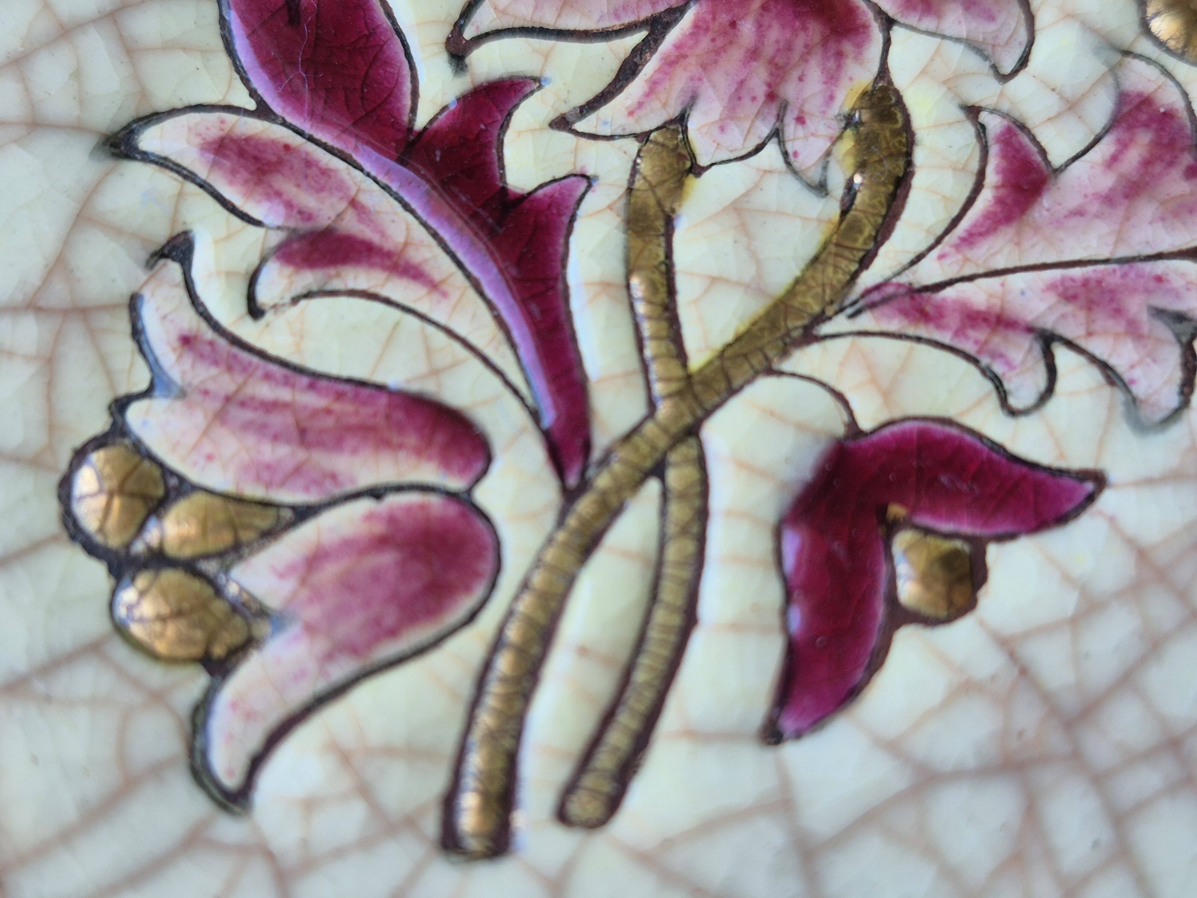 Antique Longwy enamel dish, "Plaisance" model, red and gold