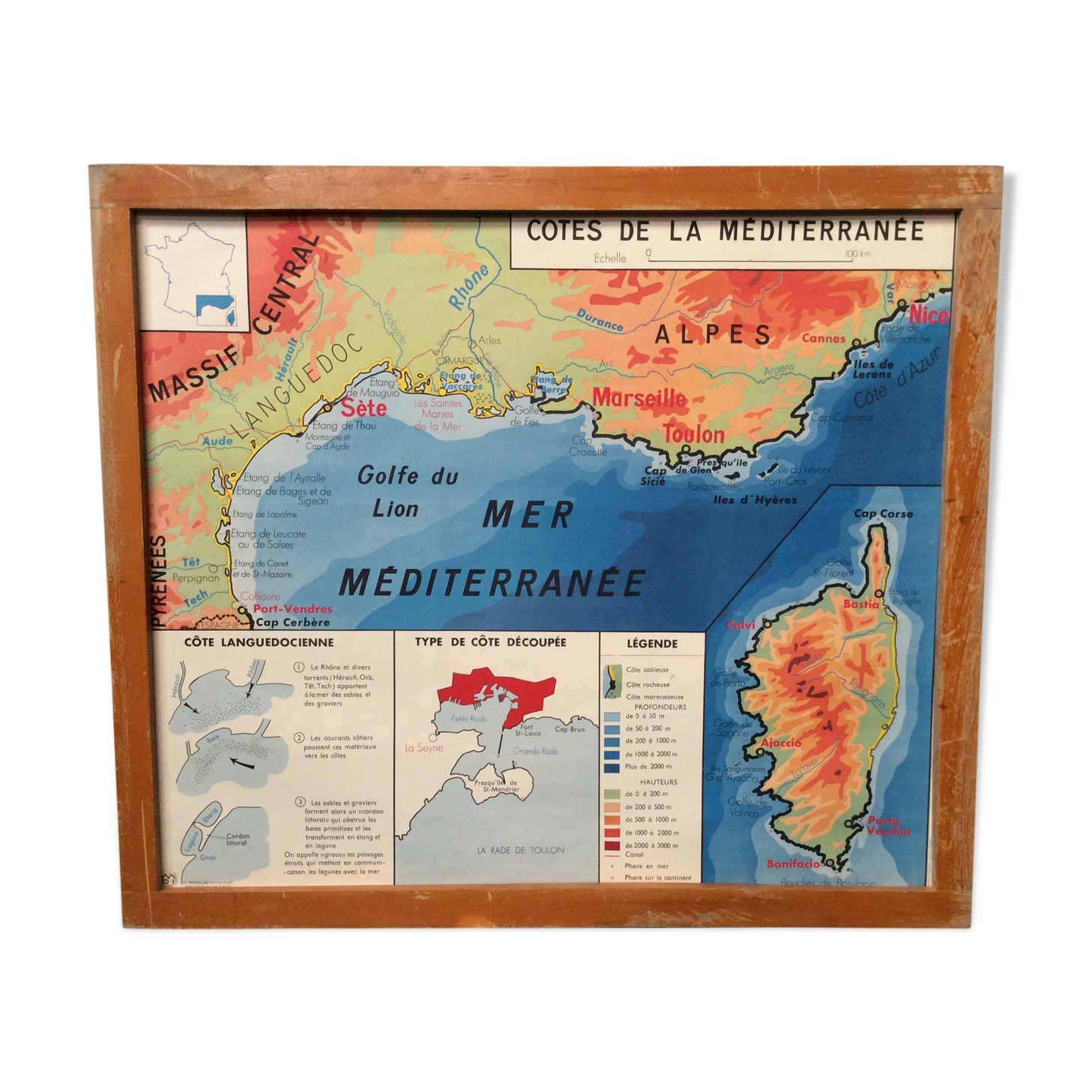 Affiche scolaire Côtes de Méditerranée / Hydrographie de France 1960 vintage