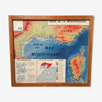 Affiche scolaire Côtes de Méditerranée / Hydrographie de France 1960 vintage