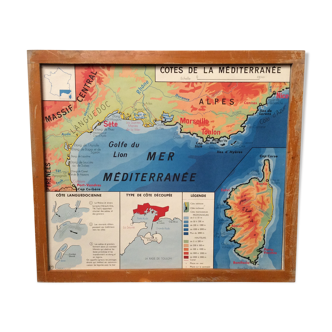Côtes de Méditerranée school poster / Hydrography de France 1960 vintage