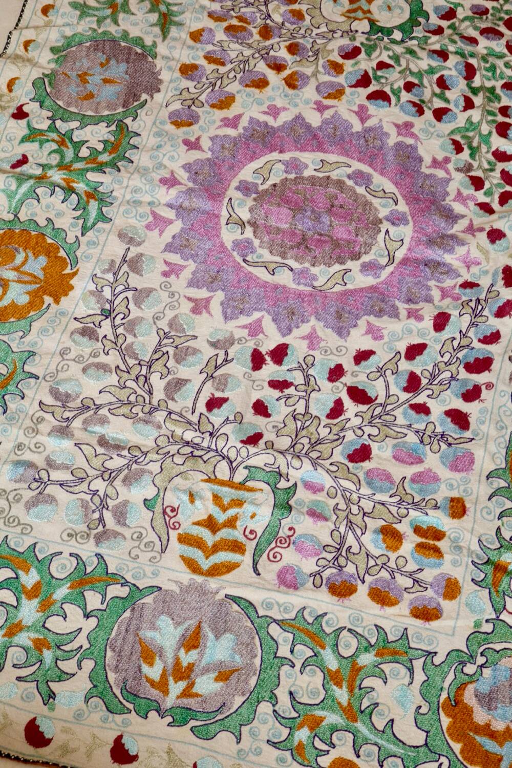Antique hand embroidered silk suzani bedspread