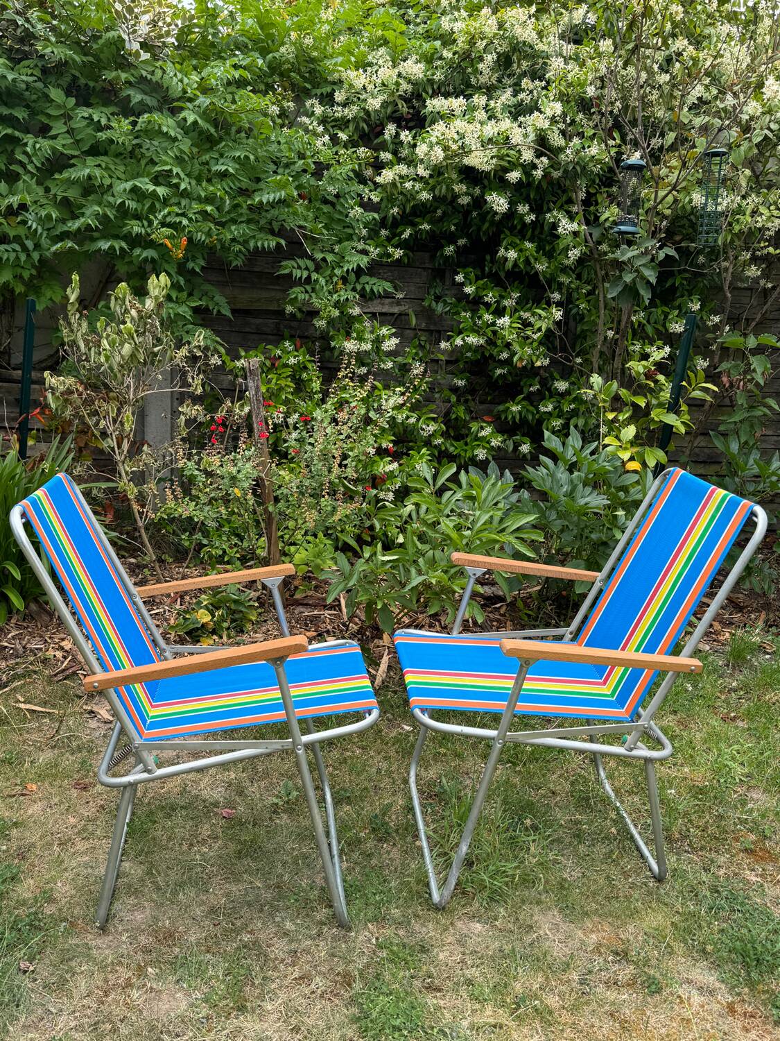 Pair of vintage nylon canvas folding garden armchairs