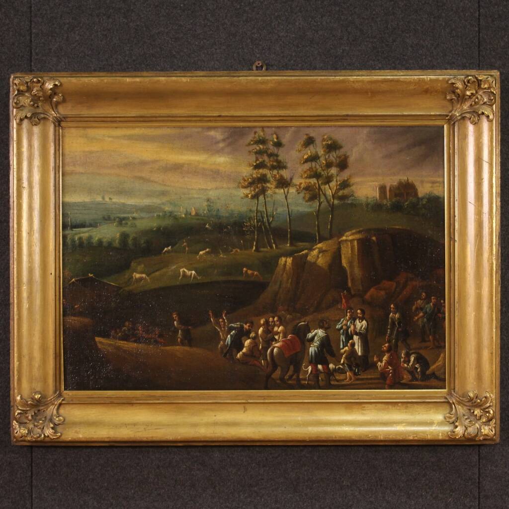 Italian painting landscape with wayfarers from the 18th century