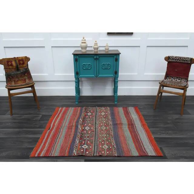 1970s Turkish hand-knotted wool cotton red kilim area rug 123x145
