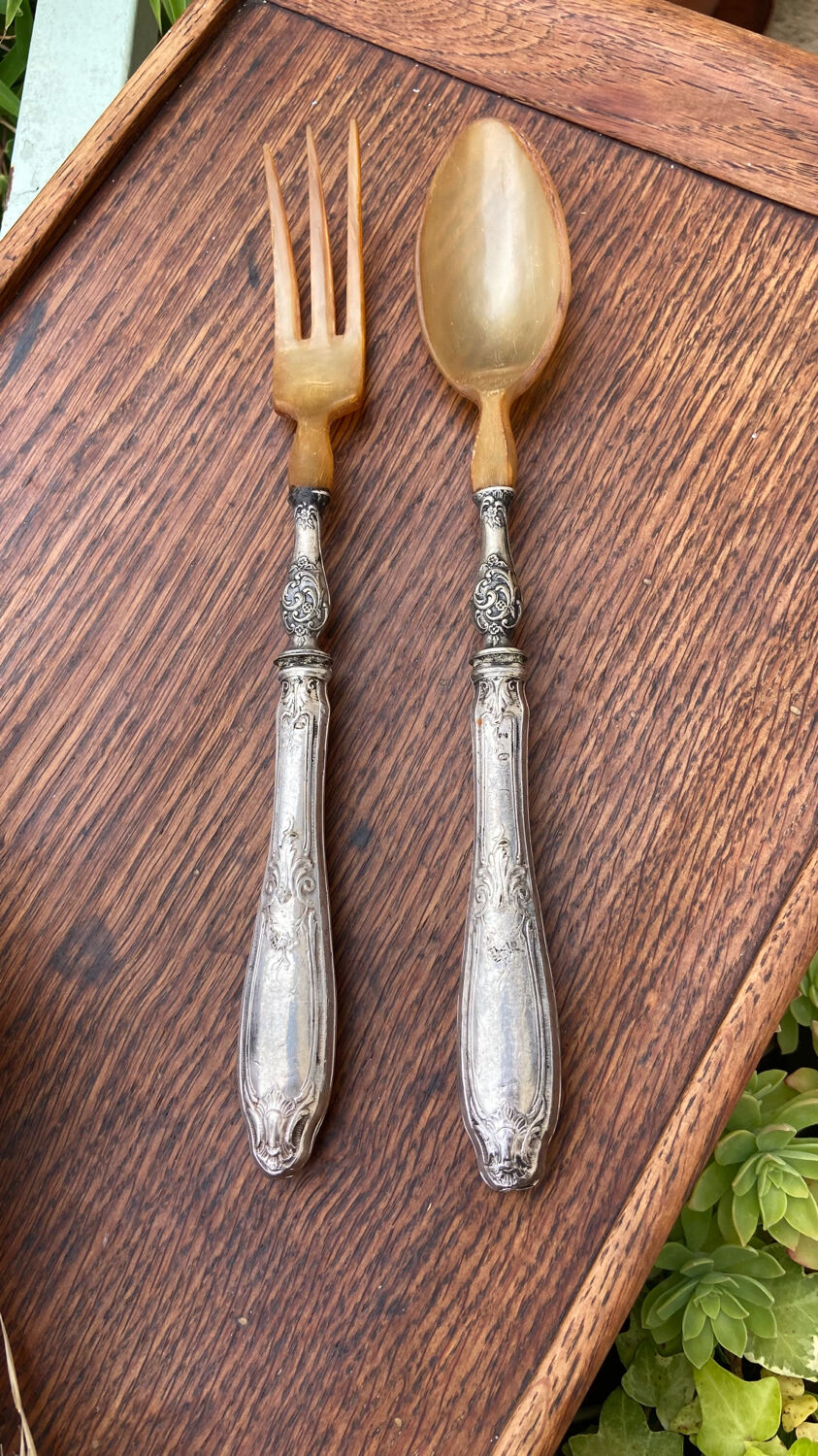Salad cutlery in silver filled and horn early twentieth century