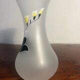 Duo vase en verre dépoli à fleurs noire et rose années 1980