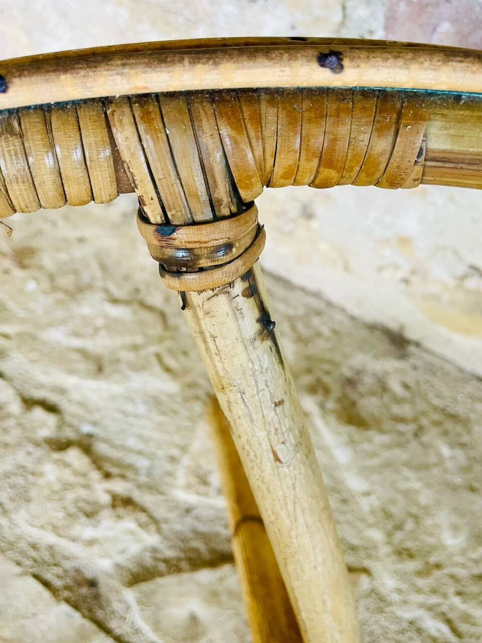 Round bamboo and rattan coffee table with glass top, circa 1960s