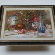 Still life with pink flowers and blue pots.
