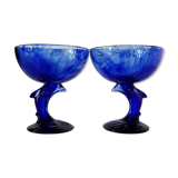 Set de 2 tasses à dessert dauphin en verre bleu