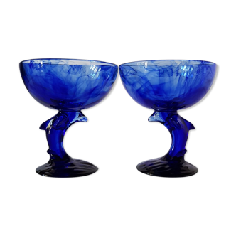 Set de 2 tasses à dessert dauphin en verre bleu