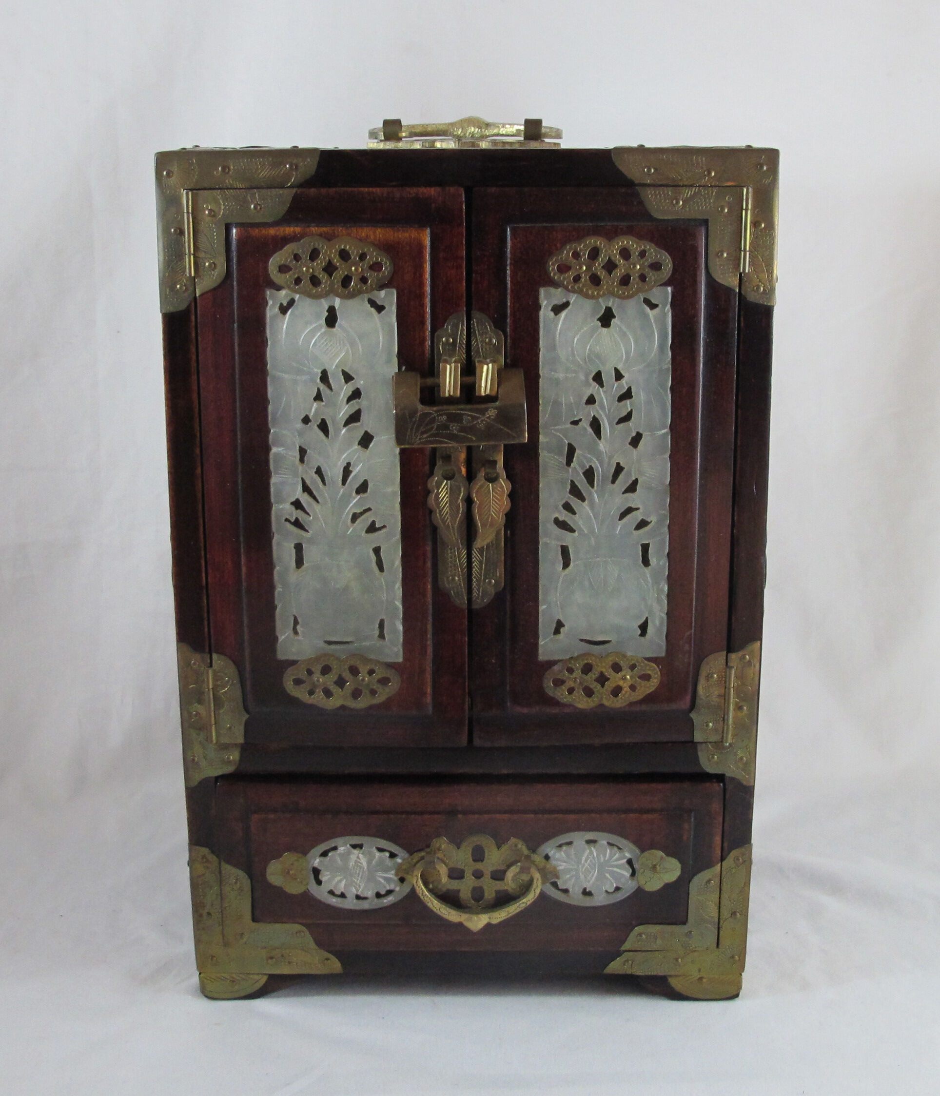 Chinese wooden jewelry box adorned with jade plates