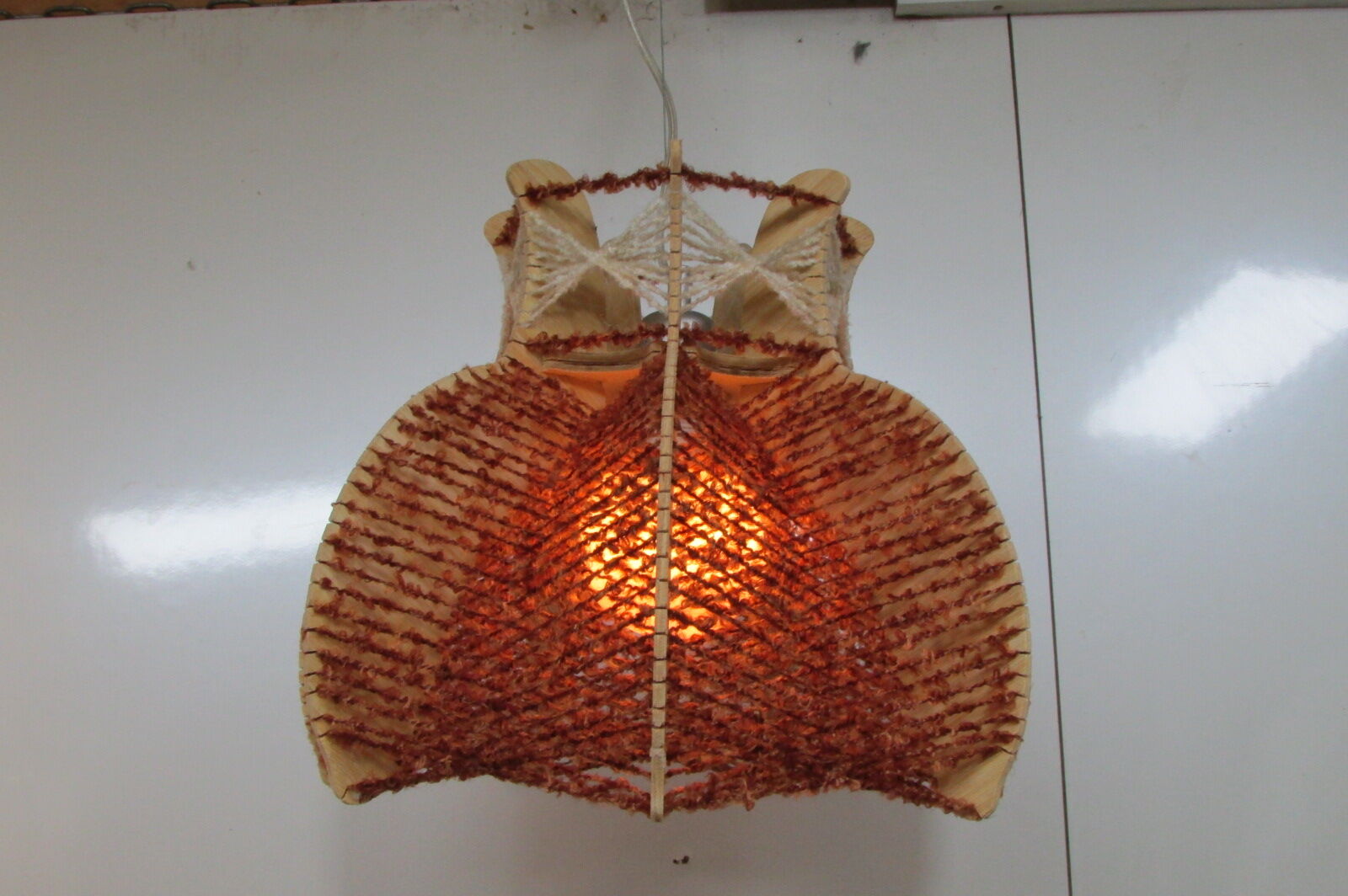 Scandinavian pendant lamp, wood and stretched wire, 1960s