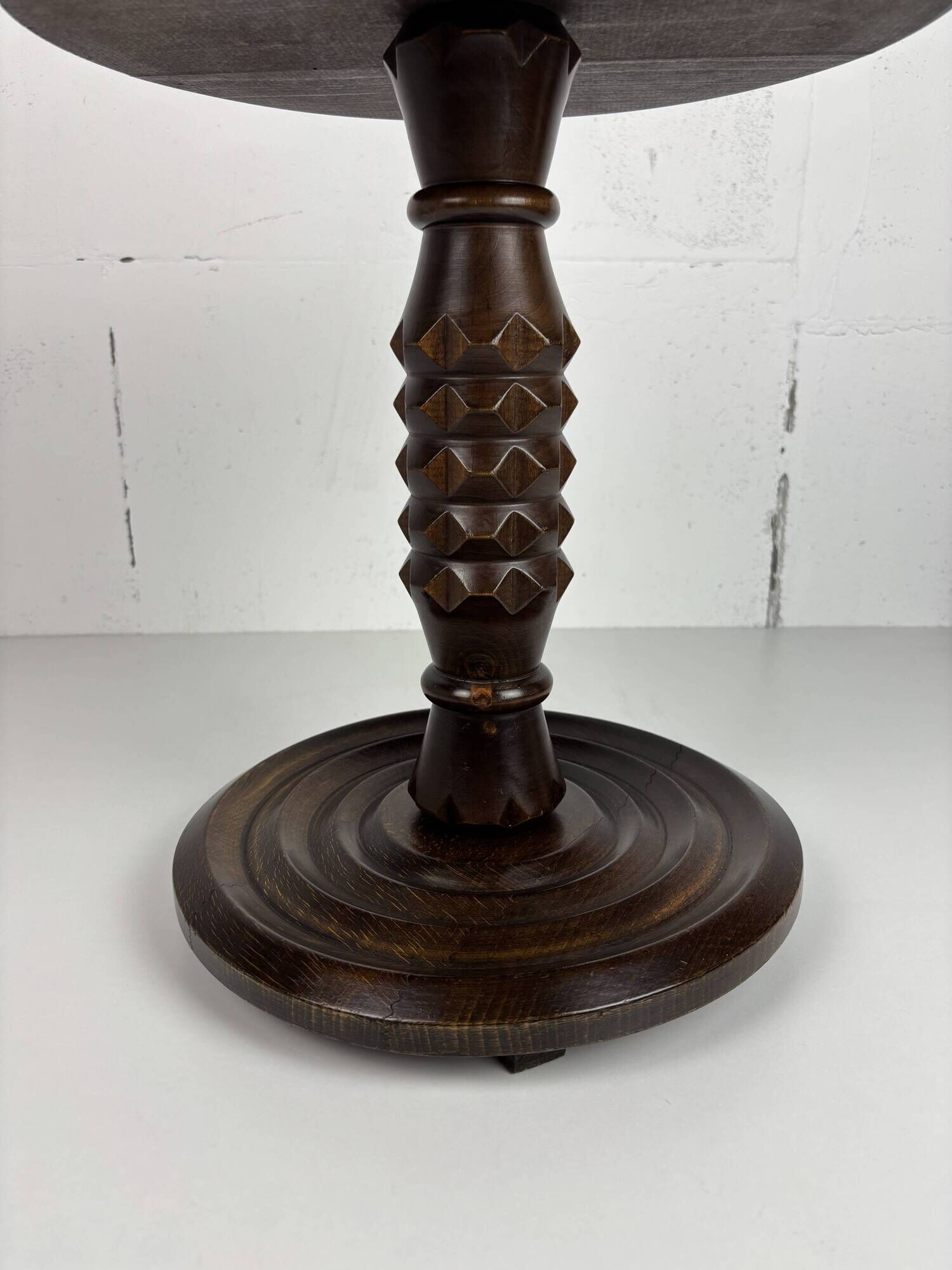 Low wood turned midcentury brutalist side table, style of Charles Dudouyt
