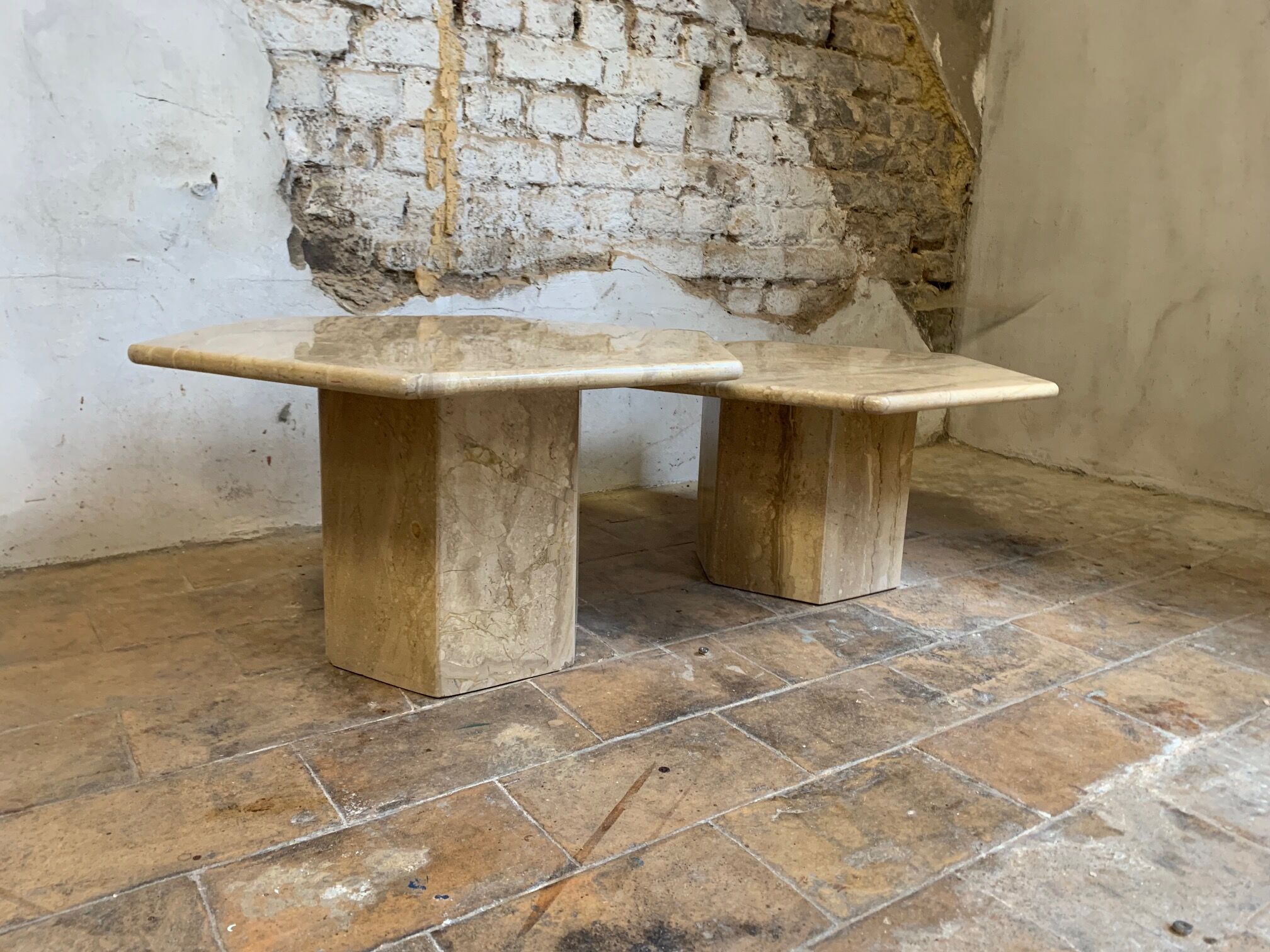 Vintage travertine coffee table duo