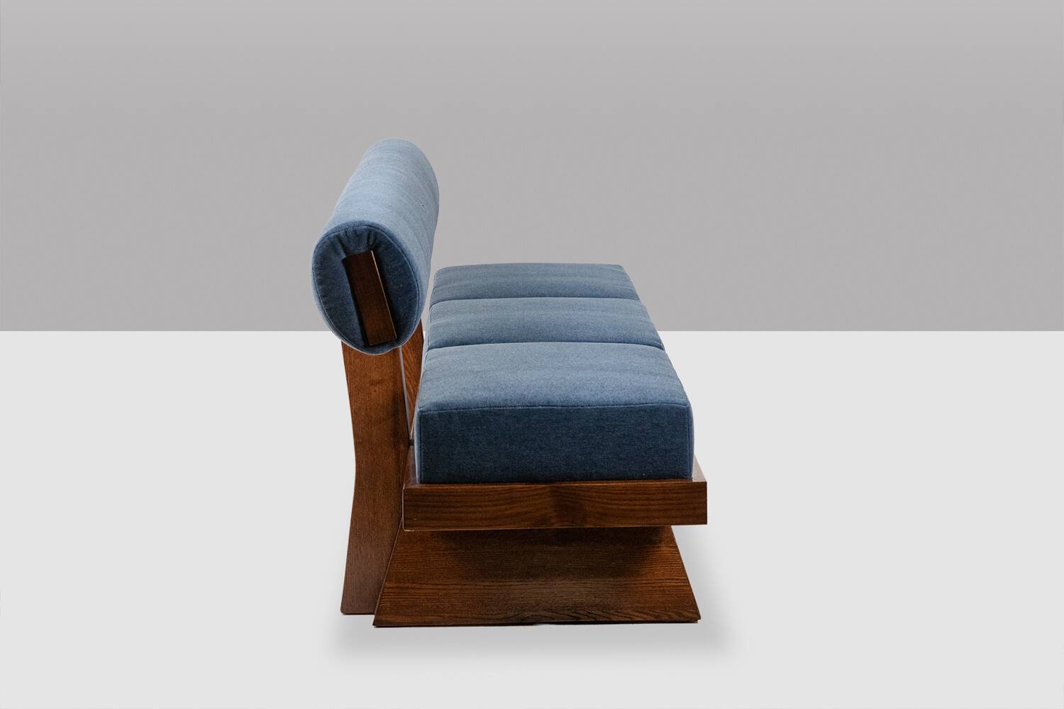 Three-seater bench in light ash and blue mohair velvet. Contemporary.