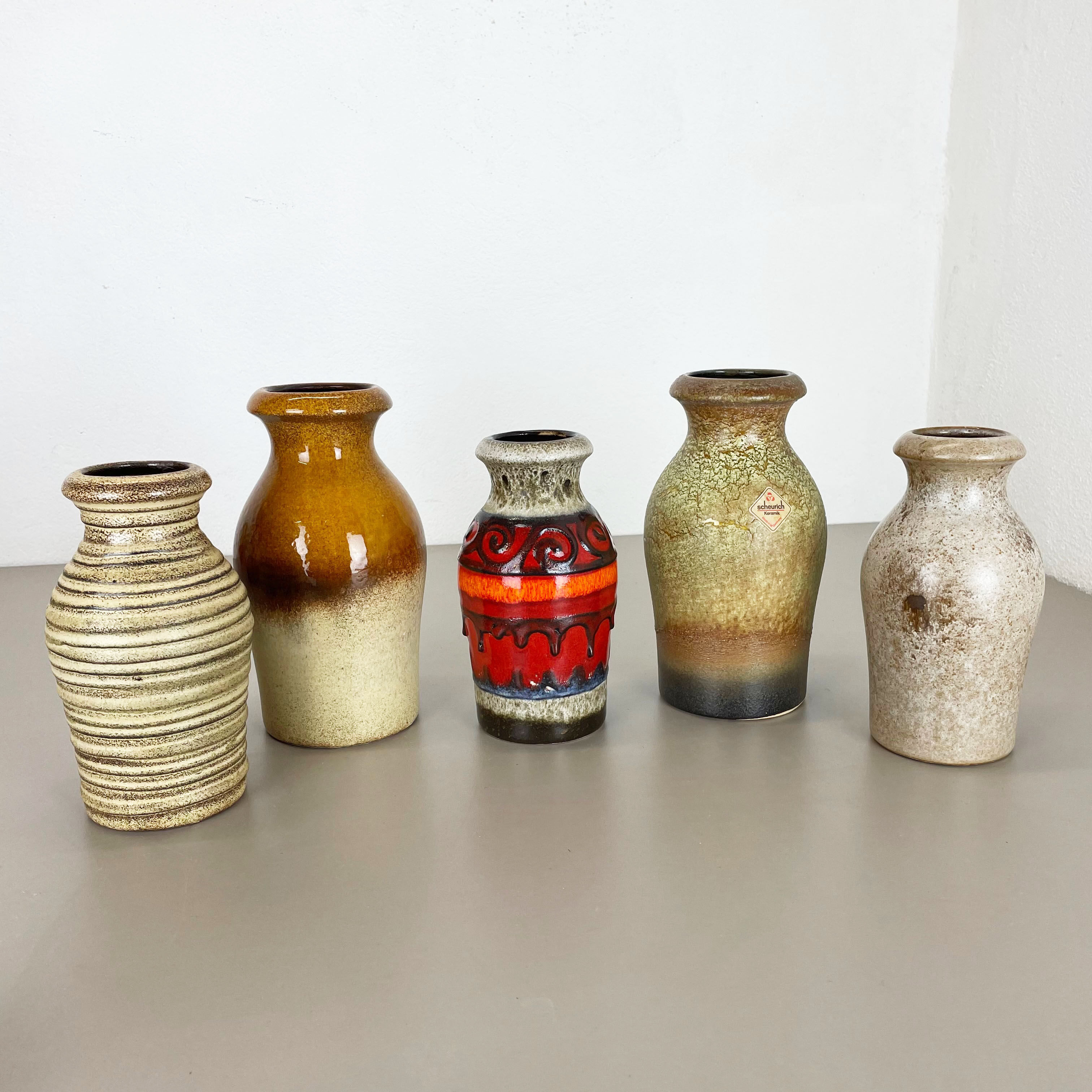 Set of five vintage pottery fat lava vases made by scheurich, germany, 1970s