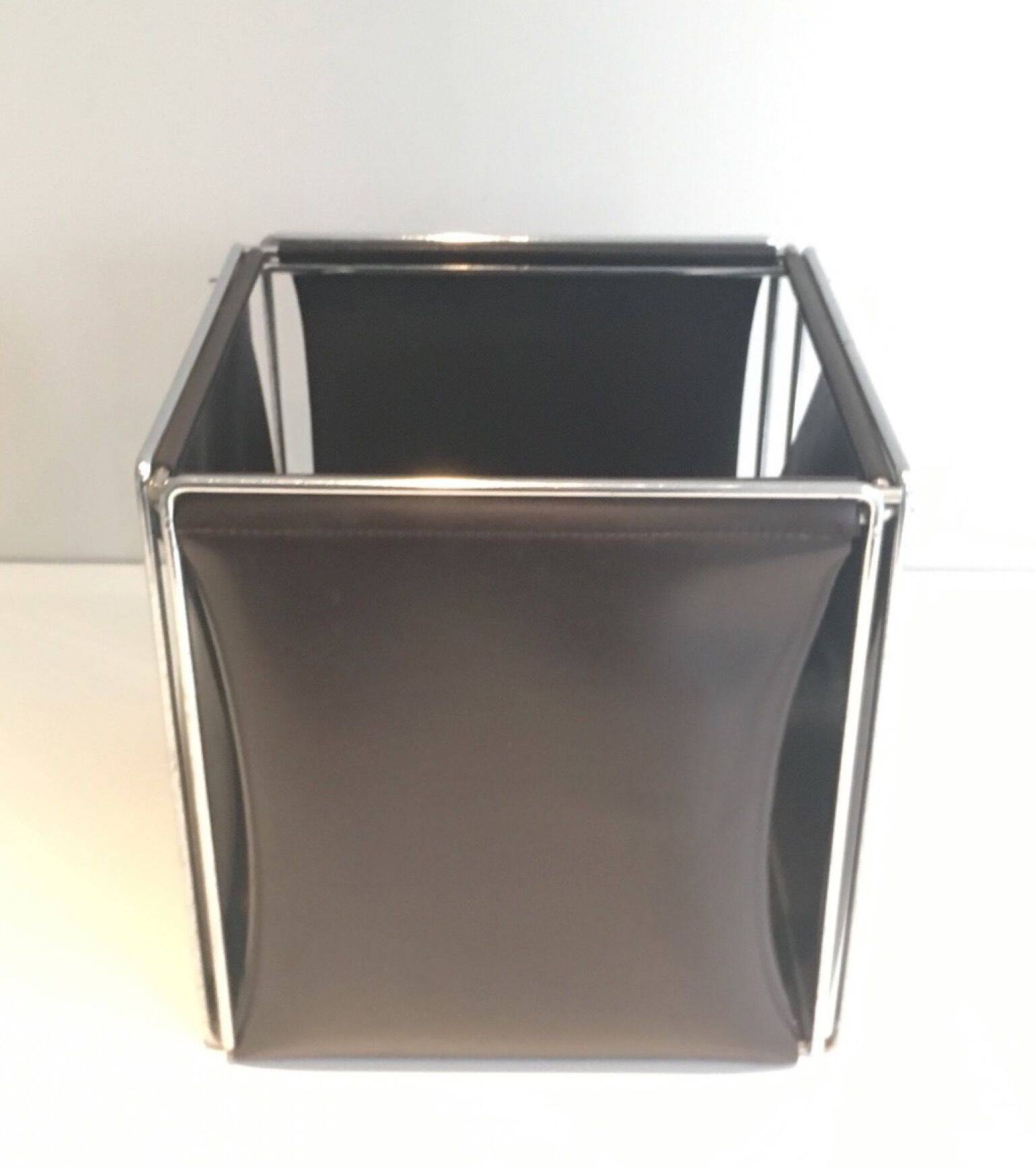 Chrome and faux leather wastepaper basket