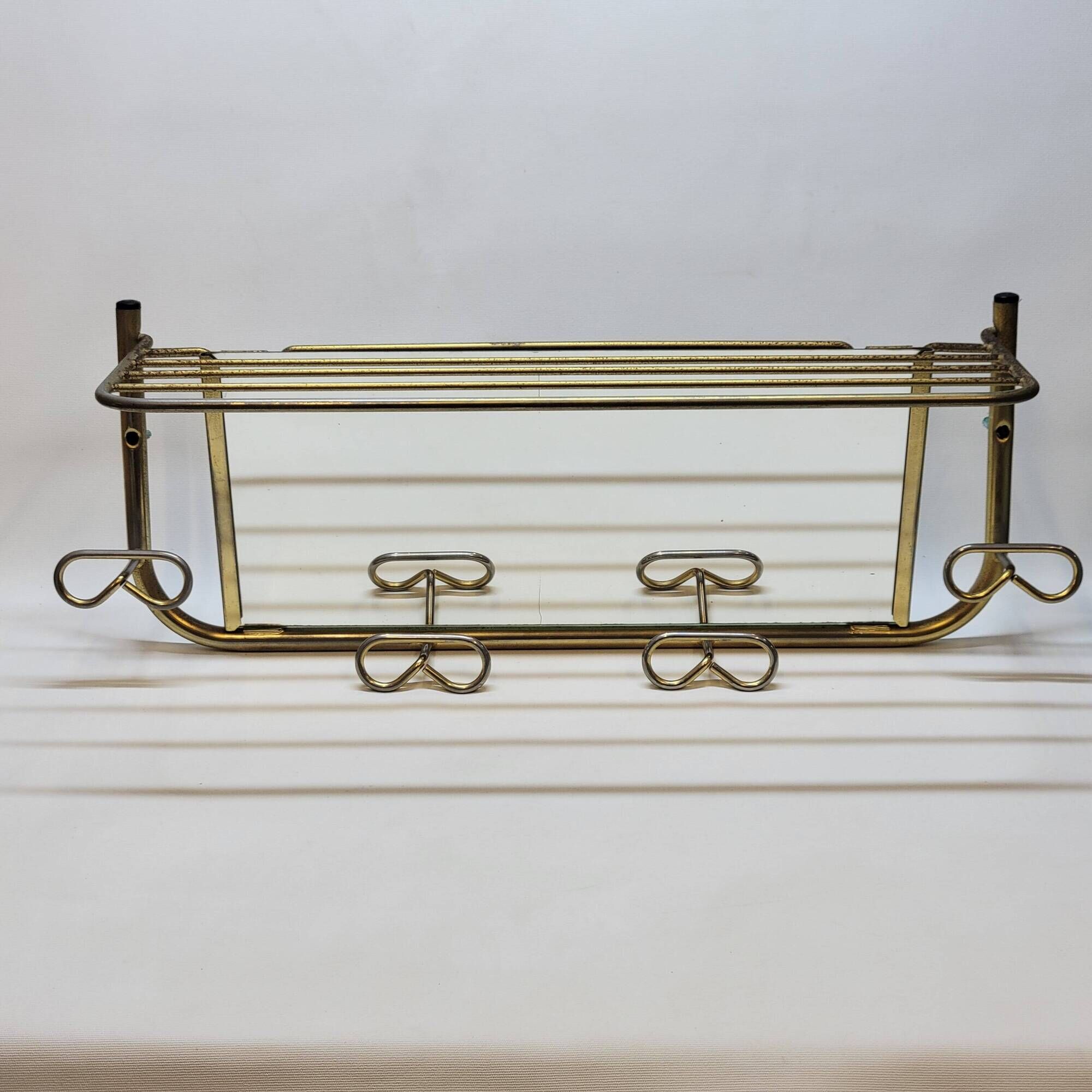 Coat rack with 4 hooks with shelf and vintage mirror in golden metal