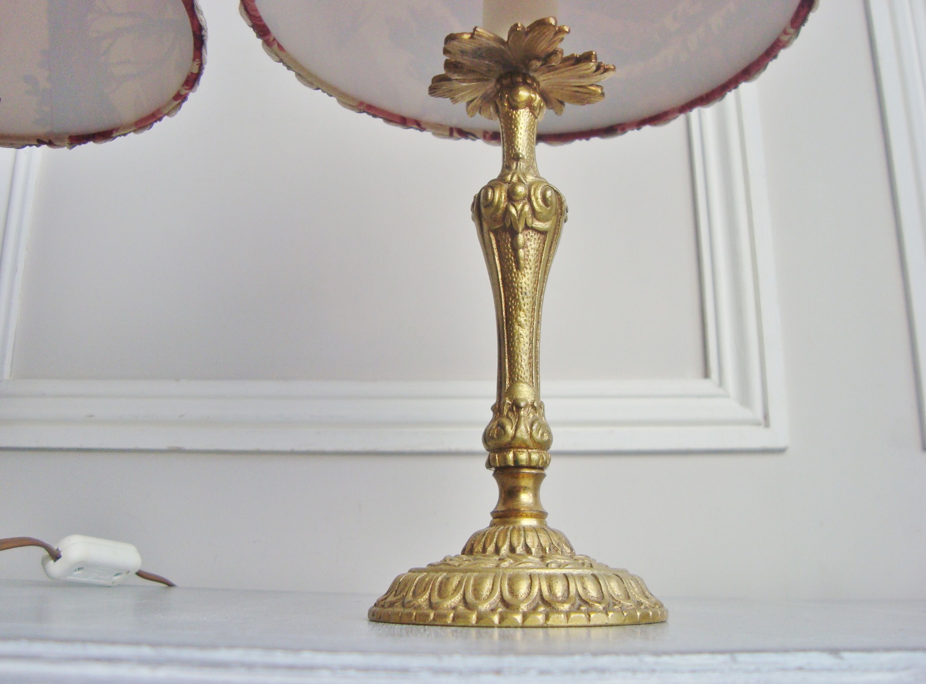 Pair of brass lamps with handmade lampshades in vintage toile de Jouy fabric