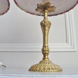 Pair of brass lamps with handmade lampshades in vintage toile de Jouy fabric