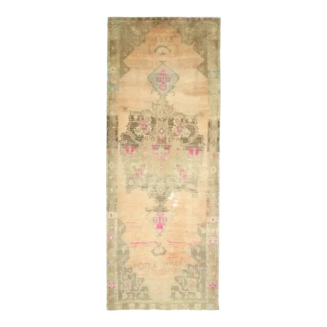 1970s Vintage Turkish Hand-Knotted Wool Cotton Orange Runner Rug 197x613