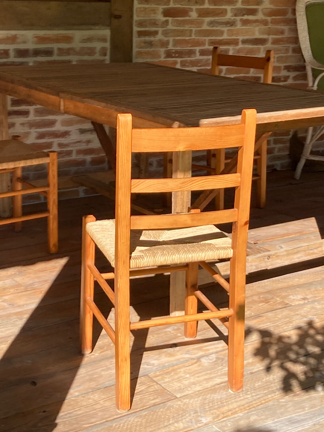 4 straw chairs in vintage pine wood 1980 1990