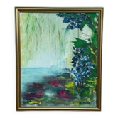Mid-Century Oil on Canvas “Water Lilies” by Lena Larsson Framed 50 × 42 cm
