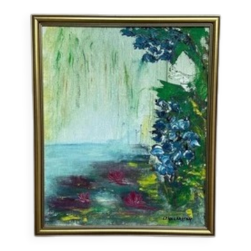 Huile sur toile du milieu du siècle "Nénuphars" par Lena Larsson encadrée 50 × 42 cm