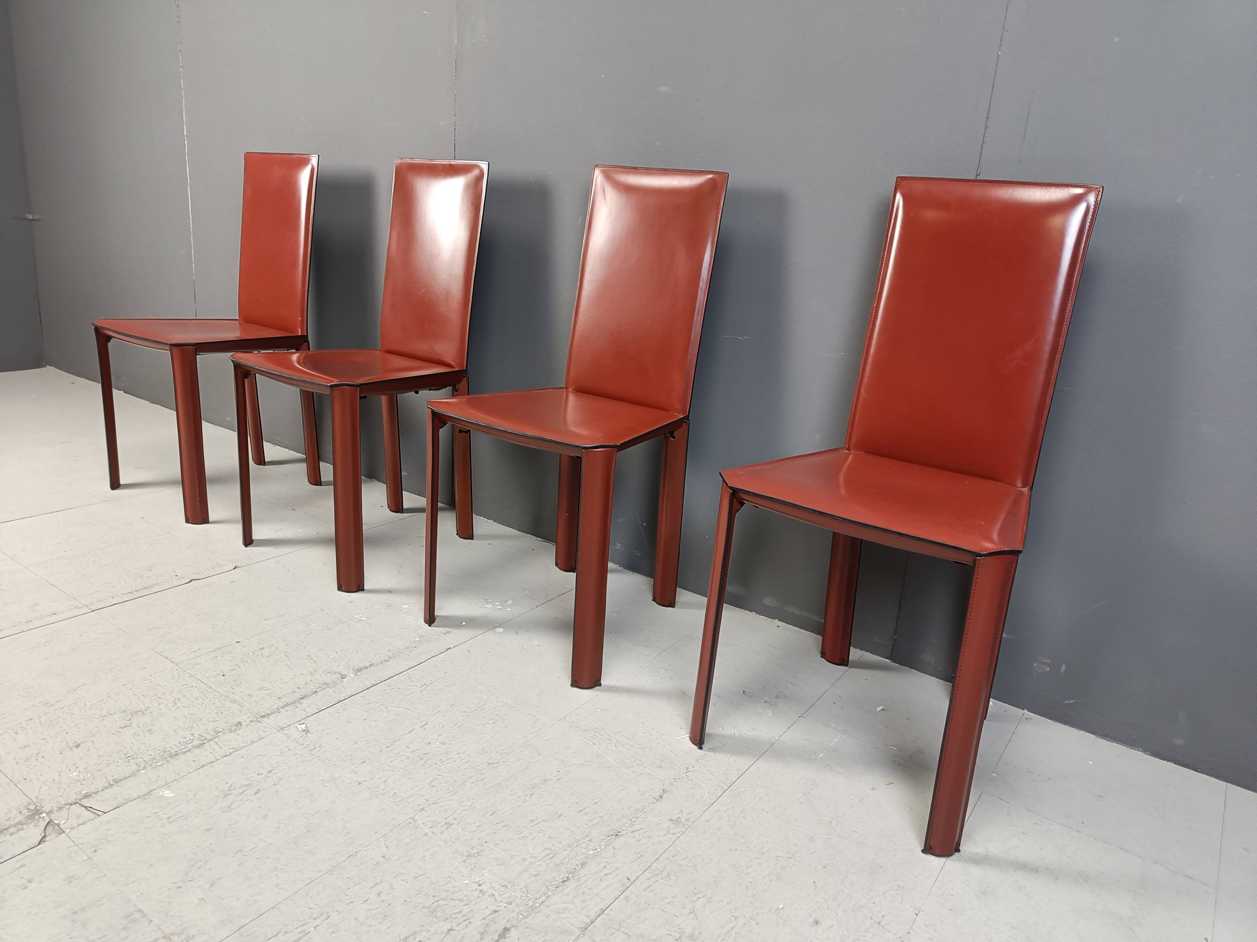 Red leather dining chairs by De Couro Brazil, 1980s - set of 4