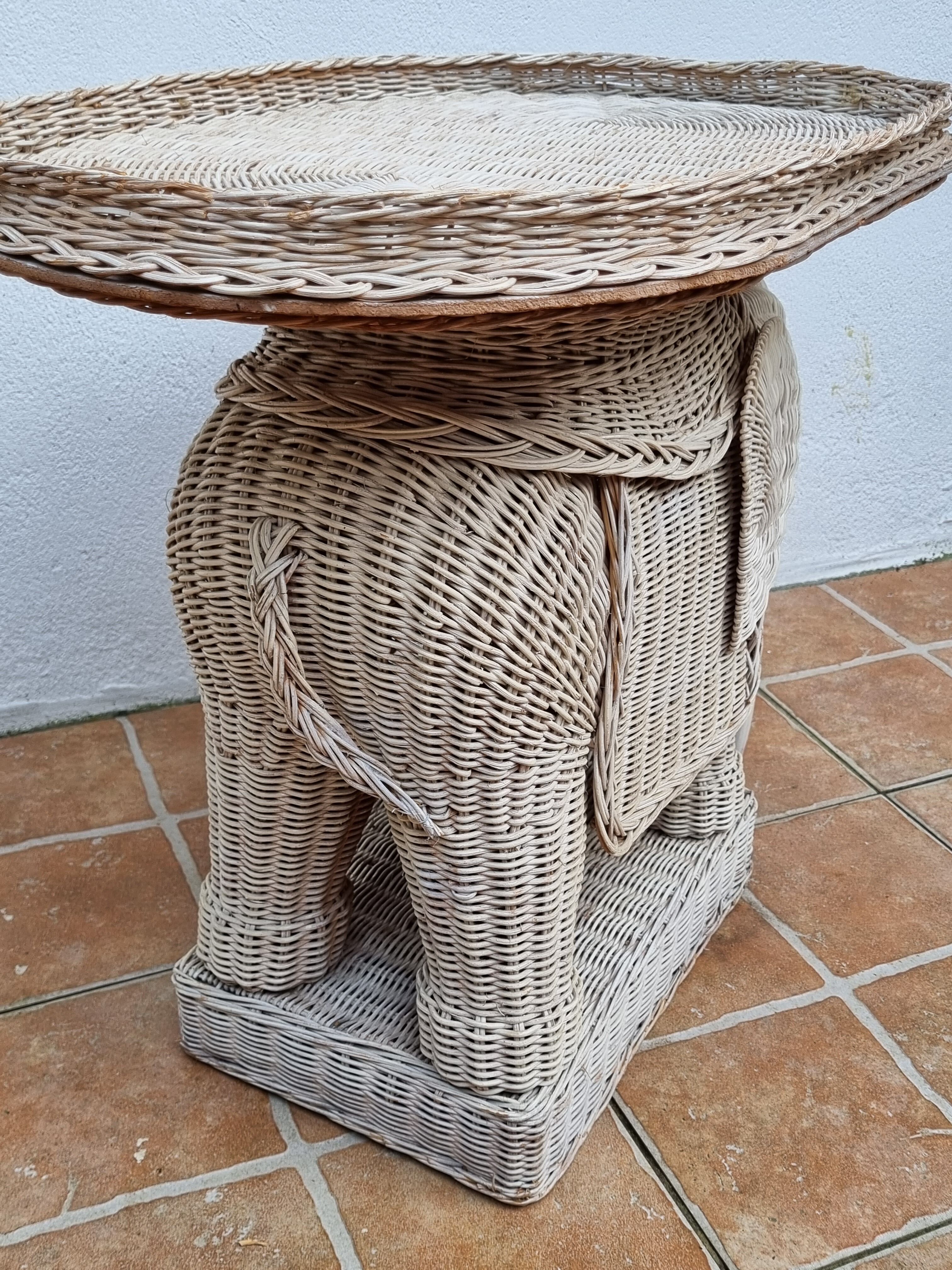 Side table, vintage rattan elephant, 70s