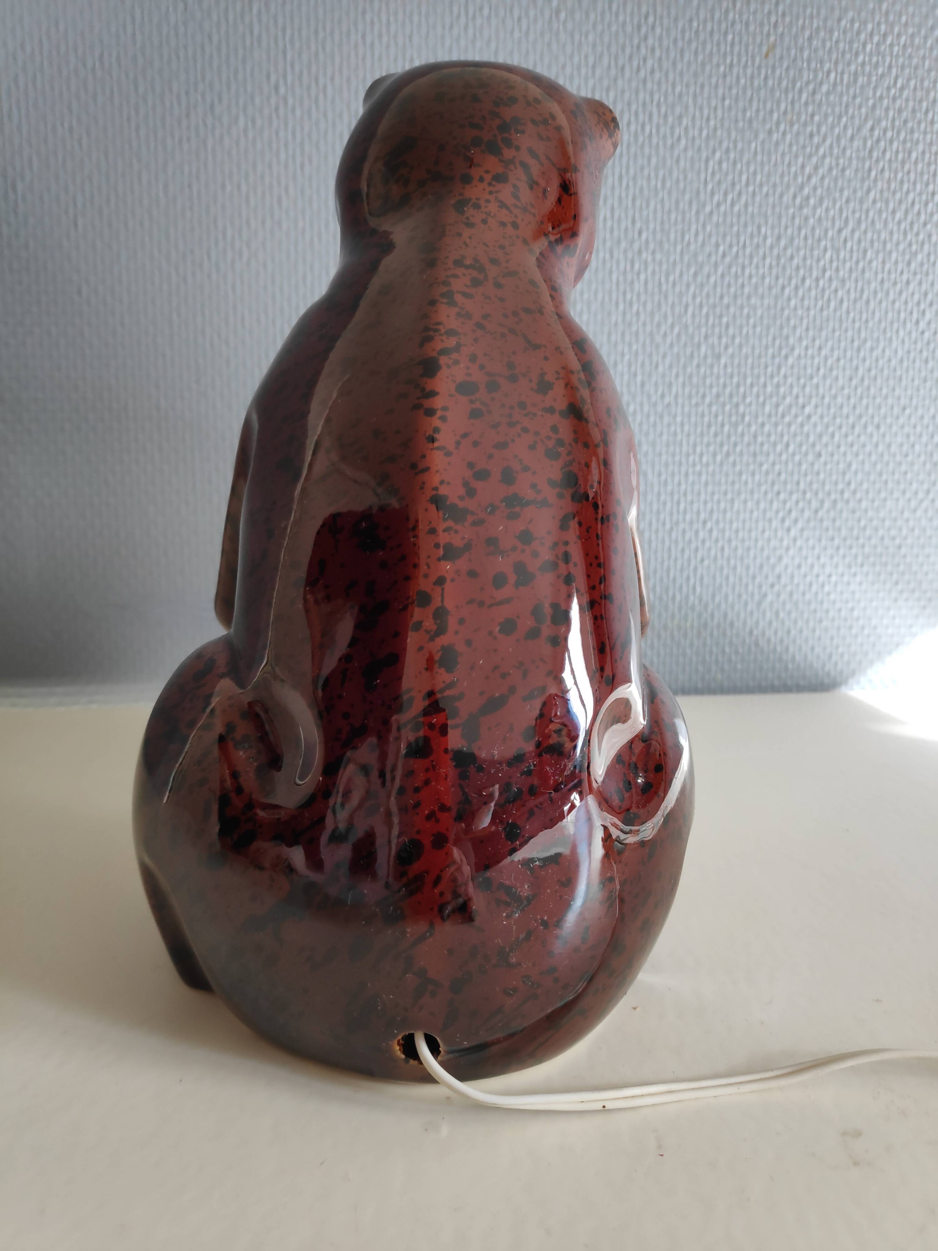 vintage bear lamp in brown ceramic and white opaline globe